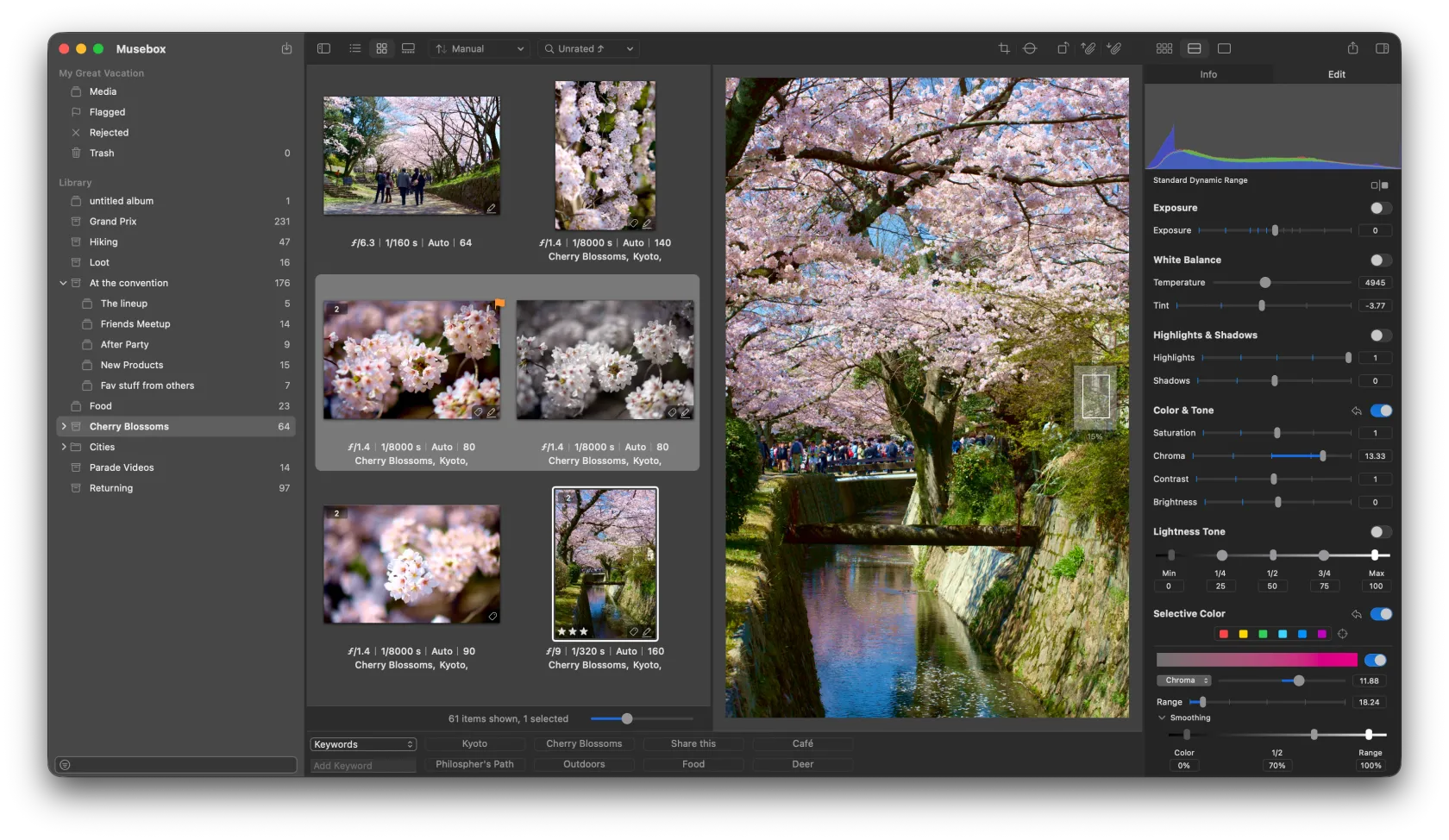 The Musebox window in dark appearance, showing a cherry blossom shoot in the browser with editing controls beside the selected photo