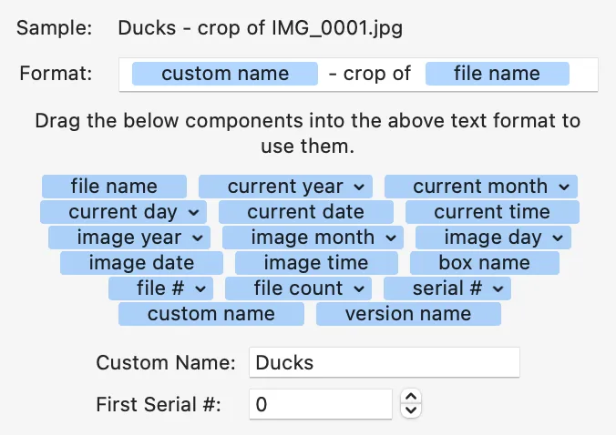 Editing a file naming preset