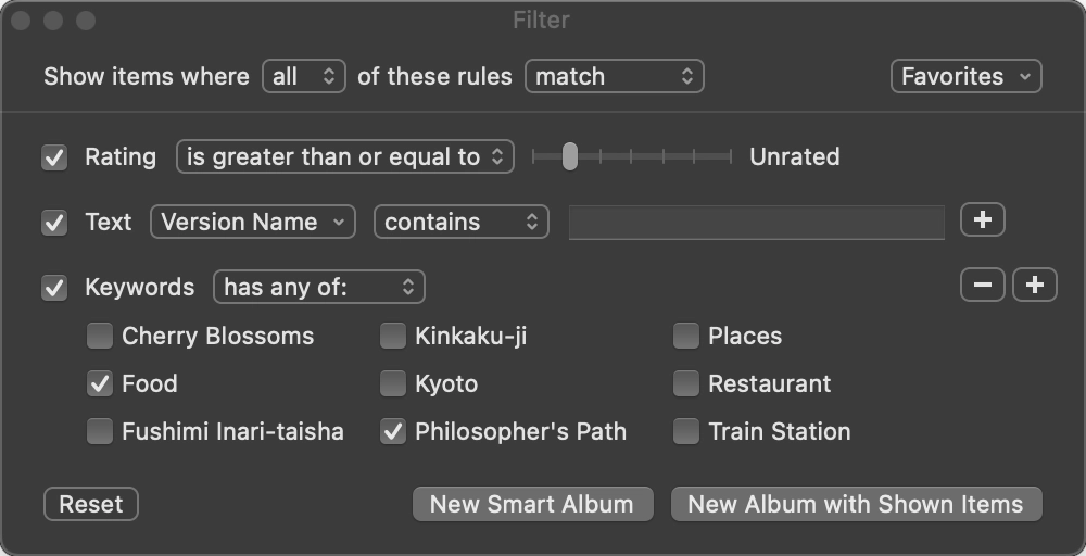 Filter panel with keywords rule