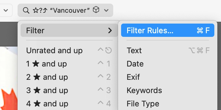 Toolbar filter menu
